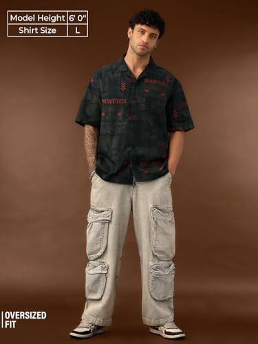 Image of The Souled Store Top Gun: Aviator Men and Boys Short Sleeve Cuban Collar Button Front Dark Green All Over Printed Cotton Oversized Fit Holiday Shirt