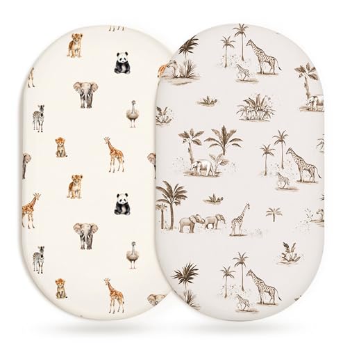 Image of Bassinet Sheets for Baby Girls Boys 2 Pack, Fitted Baby Mattress Sheet for Rectangle, Oval, Hourglass Bassinet Mattress, Breathable Cozy & Universal Fit (Safari Dreams, Bassinet Sheet)