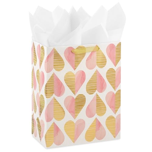 Hallmark 13 Large Gift Bag with Tissue Paper (Pink and Gold Hearts) for Valentines Day Bridal Showers Weddings Engagements