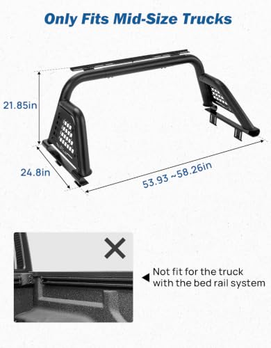 Image of JOYTUTUS Roll Bar for Mid-Size Trucks, Adjustable Truck Bed Sport Bar Chase Rack with MOLLE Panels, No-Drill E-Coated, Compatible with Tacoma Colorado Canyon Frontier