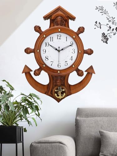 Image of Nautical Anchor Wall Clock, Wooden Design with Ship Wheel and Anchor Motif, Battery Operated (Brown)