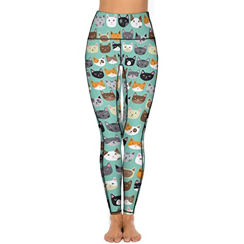 Qjjinxior Leggings de gimnasio para mujer, lindos pantalones de yoga con caras de gato, leggings deportivos de cintura alta con bolsillos, Lindas caras de gato, M