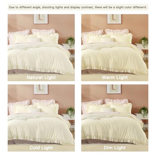 Image of Litanika Cream King Size Comforter Set, 3 Pieces Ruffle Farmhouse Aesthetic Bedding Comforter Set, All Season Soft Lightweight Fluffy Microfiber Bed Set(104x90In Comforter, 2 Pillowcases)
