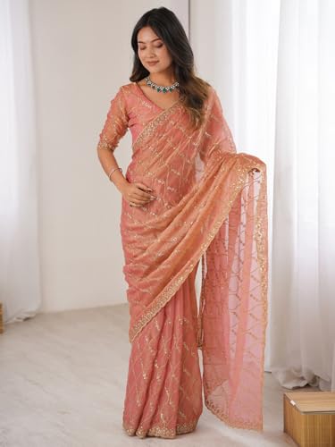 Image of AKHILAM Women's Shimmer Chiffon Heavy Sequence Embroidery Work Saree With Unstitched Blouse Piece (VT798A VM Parent)