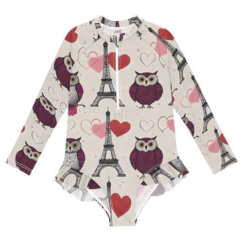 ALAZA Swimsuit for Girls Long Sleeve Rashguard Bathing Suit Paris Tower Owl Quick Dry 4T