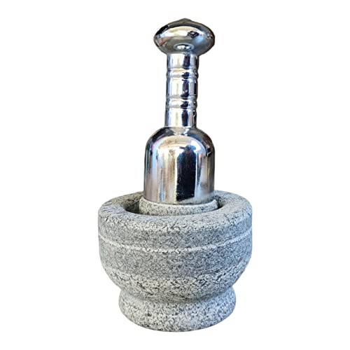Image of EZAHK Mortar and Pestle Set with Stainless Steel Handle Bowl Type Natural Stone Grinder for Herbs and Spices Grey (Width 10cm x Height 7.5cm)