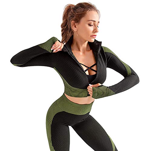 QCHENG Women's Workout Sets 2 Piece Front Zip Long Sleeve Crop Top and Seamless Leggings Set Gym Clothes Yoga Outfits