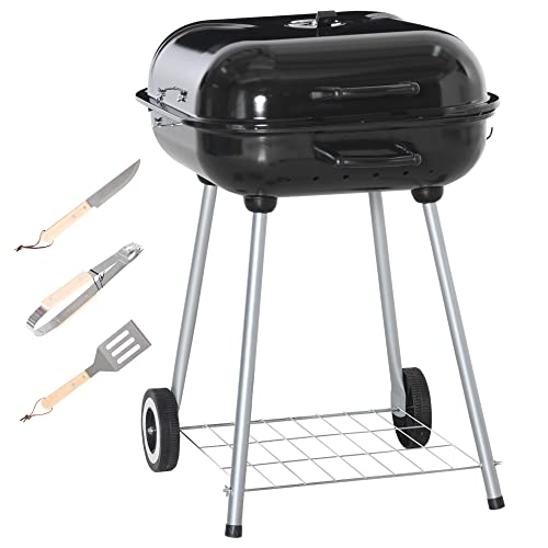 Outsunny Barbacoa de carbón BBQ con 2 ruedas, utensilios, tapa y estante de dim. 56 x 62 x 82 cm, metal esmaltado negro