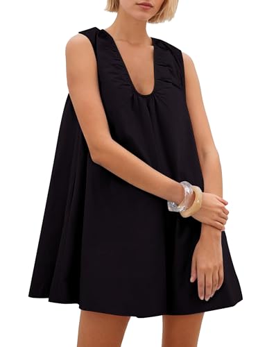 Image of Women's Summer Babydoll Dress Scoop Neck Bubble Mini Dress with Pockets Sleeveless Flowy Tank Preppy Dresses Party