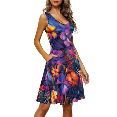 Image of TOADDITDO Women's Sleeveless O Neck Beach A-Line Party Coctail Tank Dresses Flared Sundress