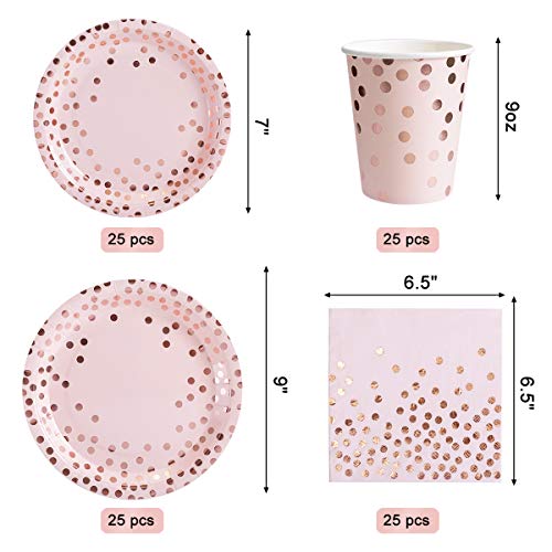 200 Pieces Pink And Rose Gold Party Supplies - Rose Gold Dot On Pink Paper Plates Napkins Straws And Cups Silverwares Serves 25 For Wedding Bridal Shower Girls' Birthday Party Graduation Decorations #TOP1