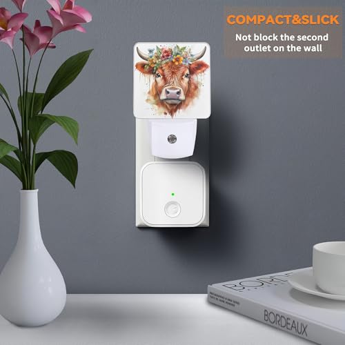 Image of Cute Highland Cow Night Lights Plug into WallFlower Watercolor Decorative Night Light Dusk to Dawn LED Lamp for Bedroom Bathroom Living Room