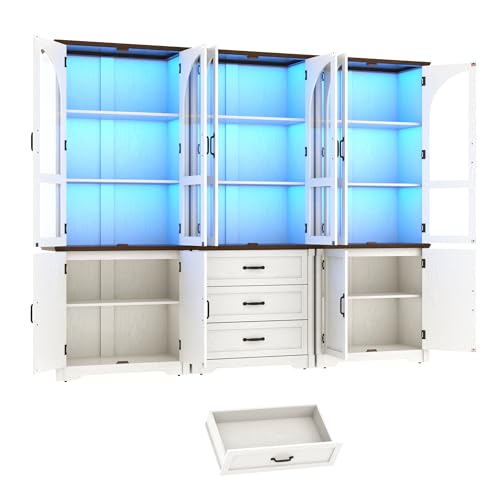 Image of 75 inch Tall Farmhouse Pantry Cabinet with LED Lights,6 Doors Wood Storage Cabinet w Arched Glass Doors /Drawers,Pantry Organizers and Storage,Rustic Wood Cupboard for Kitchen,Dining Room(White)