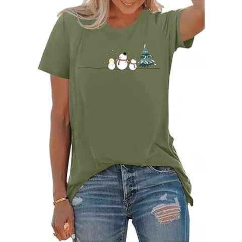 PECHAR Christmas Snowman Shirt for Women Funny Christmas Snowman Graphic Shirt Xmas Holiday T-Shirts Crewneck Tops Army Green Cover
