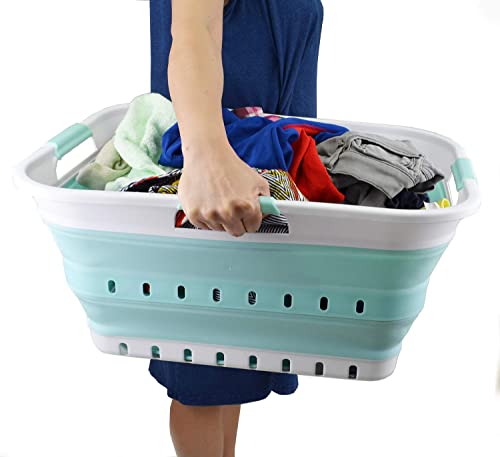 Image of SAMMART 42L (11 gallon) Collapsible Plastic Laundry Basket - Foldable Pop Up Storage Container /Organizer - Space Saving Hamper /Basket (1, White /Lake Green)