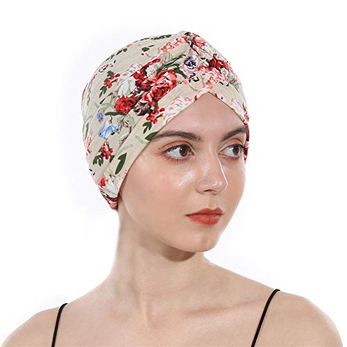 DuoZan Women’s Cotton Turban Elastic Beanie Printing Sleep Bonnet Chemo Cap Hair Loss