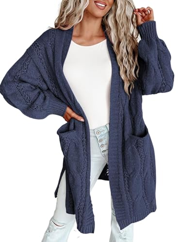 Dokotoo Cardigans Sweaters for Ladies Open Front Lantern Sleeve Christmas Winter Lightweight Side Split Fall Twisted Knit Sweater for Women Unique Coats with Pockets for Fall Plus Size,Navy X-Large