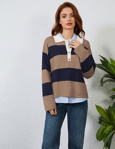 Image of Womens Striped Sweater Rugby Polo Shirts Y2k Collar Pullover Tops | Rugby Shirt,Long Sleeve Knit Top,Lapel V Neck Jumper,Oversized,Casual Outings Streetwear,Preppy Sweater,Fall Winter Clothes