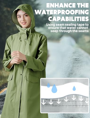 ANYOO Wasserdichter Regenmantel für Damen, Regenjacke mit Kapuze, leichter langer Regenmantel, Windjacke, Trenchcoat, Armeegrün, Einheitsgröße
