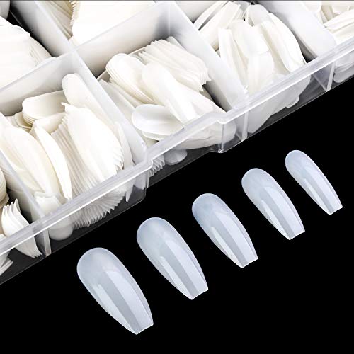 600 Ballerina False Nails Coffin Fake Nails Full Cover Length Artificial Fingernails Tip with Case for Nail Salons and DIY Nail Art, 10 Sizes (Natural)