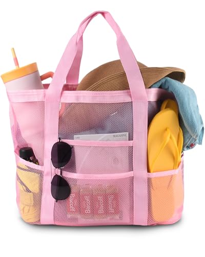 Genteen 40L Mesh Beach Bag Foldable Sandproof Tote with Waterproof Pocket Quick Dry for Women Family Pool VacationPink