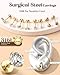 Hypoallergenic Cartilage Earrings for Women 20G Helix Piercing Jewelry Earring Flat Back Surgical Stainless Steel Gold Stud Hoop Cartilage Earring Set Daith Tragus Conch for Multiple Piercing Single