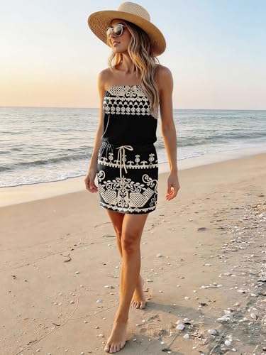 Image of Summer Dress for Women Strapless Beach Cover Ups Boho Sundress Mini Dress Drawstring Waist with Pockets