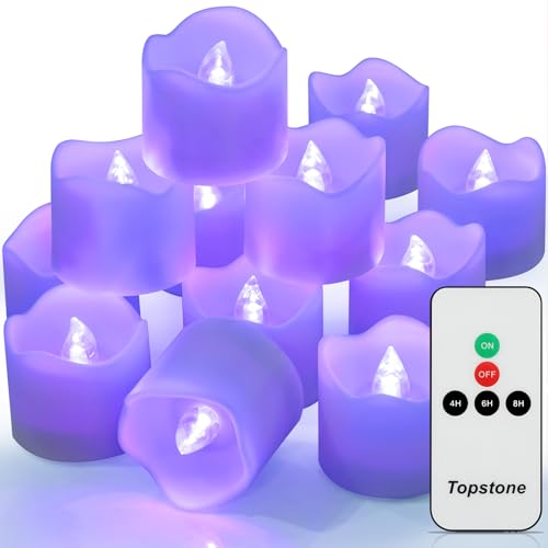Image of Topstone Electronic Flameless Candles with Remote Control,Purple LED Light, 400+ Hours Battery Life, CR2450 Battery Included, Timer, Realistic Flickering for Home Decor, Wedding, Party, Holiday