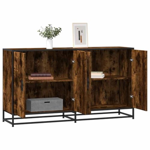 GeenYuu Aparador de madera de roble ahumado, 134 x 35 x 76 cm, estructura de metal, cómoda estrecha con 4 puertas, espacio de almacenamiento versátil para salón, dormitorio y pasillo