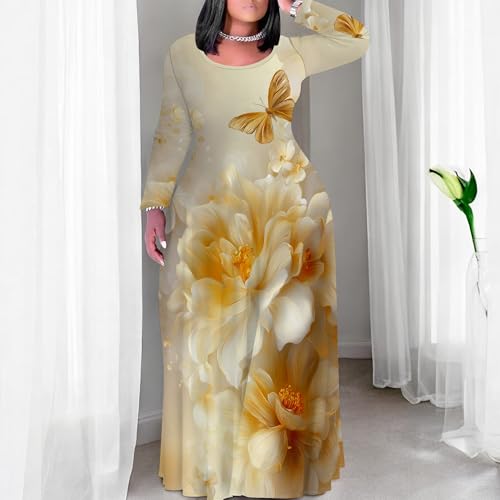 Image of PinkPatty Plus Size Maxi Dress for Curvy Women Crew Neck Long Sleeves Casual Dress Vacation Sundresses with Pockets