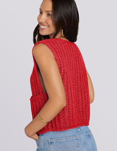 Image of UEU Womens Chunky Sweater Vest Button Down Sleeveless Cardigan V Neck Crop Crochet Knit Tops 2025 Fashion Trendy Clothes