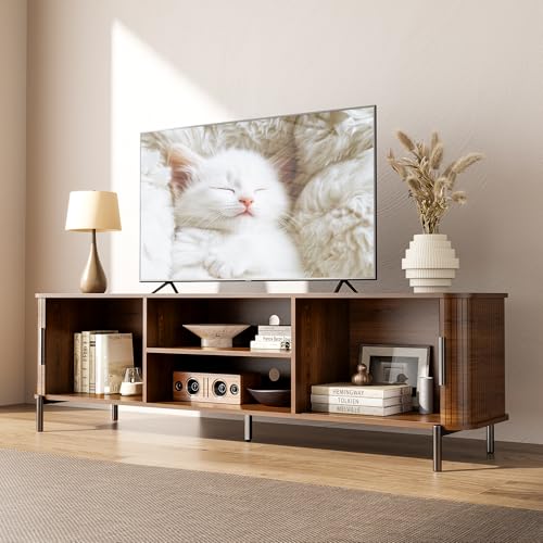 Image of SUNCOZE 70 inch Mid-Century Fluted TV Stand with Storage up to 80 Inch, Walnut