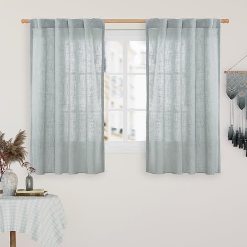 LAMIT 54 Inch Semi Sheer Window Linen Curtains, Light Filtering Panels Back Tab and Rod Pocket Neutral Drapes for Bedroom/Living Room, Greyish Blue, 2 Panels, 34 x 54 Inch