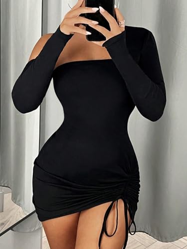 SOLY HUX Vestido feminino franzido sexy colado ao corpo, manga comprida, assimétrico, sexy, para fes