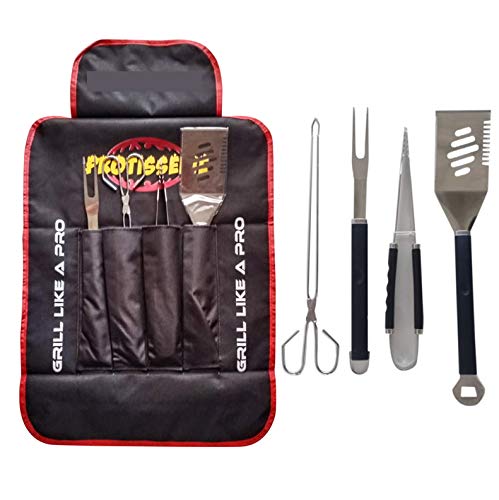 PROTISSERIE for a Loved one – Food Grade Premium Heavy Gauge 4 Piece BBQ Grilling Tools Set, Spatula, Tongs, Fork with Free Barbecue Apron with Pockets for BBQ Tools – Cost Price Sale