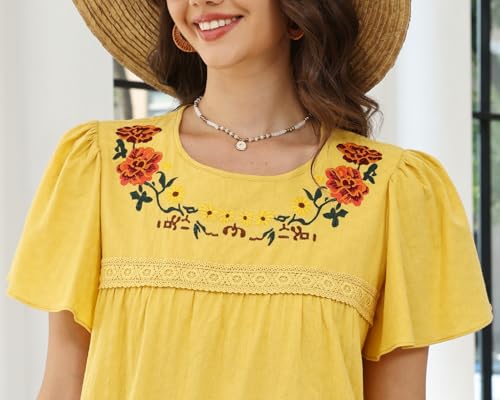 Womens Summer Cotton Floral Embroidered Tops Crewneck Short Sleeve Shirts Casual Blouses Boho Clothing Trendy 20253