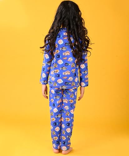 Image of ANTHRILO Summer Pyjama Set for Girls | 100% Cotton, Skin Friendly Fabric | Pyjama Set for Girls | Casual Wear | Fish Blue Girls Long Sleeve Pyjama Set - Blue 0-6 Months