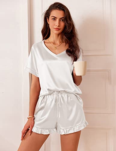 Ekouaer Satin Pajamas for Women Short Sleeve Silk Sleepwear 2 Piece Pjs Set with Ruffled Shorts Casual Loungewear2