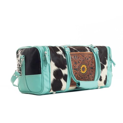 Myra Bag Western Leather Duffle Bag for Women - Upcycled Hairon Shoulder Travel Bag Teal