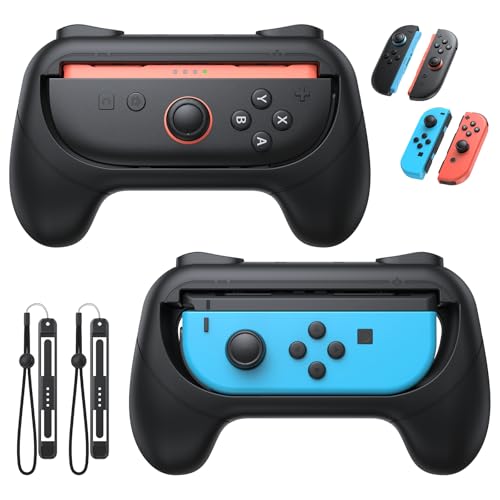 [Switch 1/2 Compatible] FASTSNAIL Grips for Nintendo Switch 2(2025)/1&OLED for Joy-Con 2, Wear-Resistant & Anti-Slip Controller Grips Handle Kit, Switch 2 Joypad Holder Accessories (Black,Black)