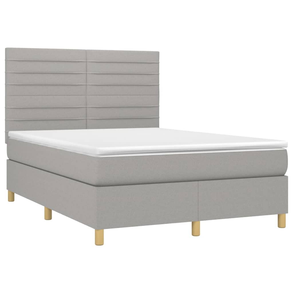 Cama con somier, gris claro, 140 x 200 cm, funda de tela, con colchón de muelles ensacados, cabecero regulable en altura, cómoda superficie de descanso para dormitorio
