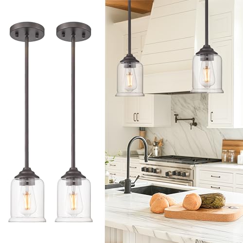 Image of zeyu Farmhouse Hanging Pendant Lights 2 Pack, Modern Pendant Lights Kitchen Island with Clear Glass Shade, Oil Rubbed Bronze Finish, ZSL104MIL-2 ORB