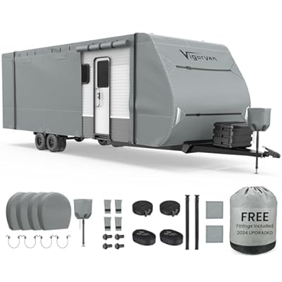 VIGORVAN Upgraded RV Cover, Extra Thick Travel Trailer Cover, Durable Camper Cover Fits 27'-30' Motorhome for Winter Snow, Anti-UV, Waterproof, Rip-Stop, Windproof with Jack Cover & Tire Covers