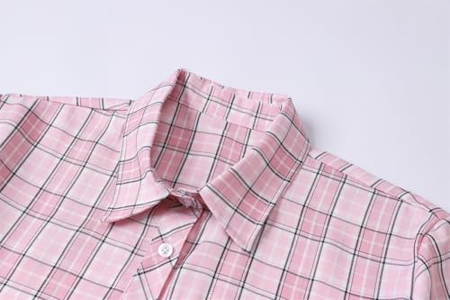 Image of SANGTREE Girls and Women Plaid Shirt Short Sleeve Button Down Summer Blouses Tops