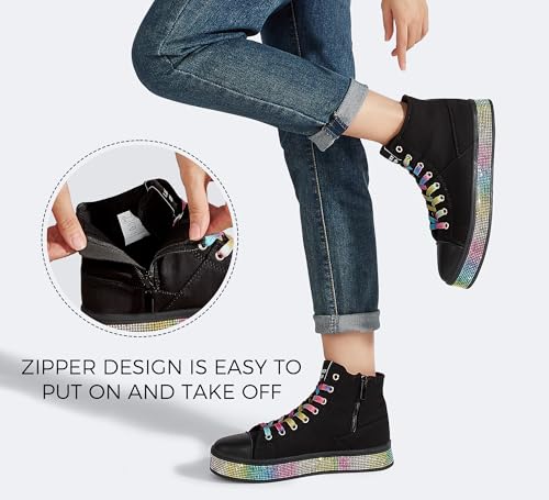 LUCKY STEP Women's High Top Canvas Sneakers Rhinestone Side Zipper Shoes Fashion Sneaker Casual Platform Ankle Boots Walking Canvas Shoes4