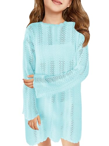 Haloumoning Girls Crochet Swim Cover up Kids Beach Summer Long Sleeve Hollow Out Coverup 5-14 Years - Main Image