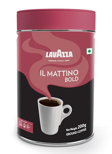 Image of Lavazza Il Mattino Bold |Pure Ground Coffee|Blend Of Arabica & Robusta| Medium Roast|Notes Of Wood,Cocoa & Spices|Intensity 5|200 G Tin,Bottle