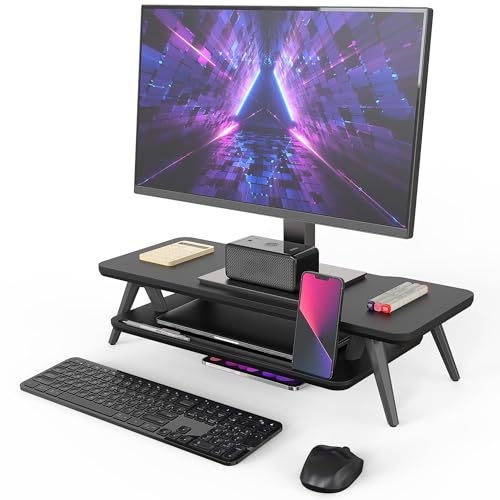 Image of Fenge Monitor Stand, Monitor Stands Riser for Desk, 23.6 Inch Wood Desk Shelf with Storage Organizer and Cable Management for Office Desk Accessories