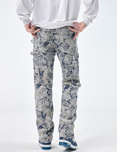 Men Jacquard Weave Distressed Ripped Denim Jeans2