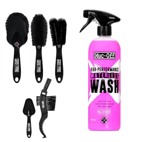 Muc-Off Waterless Bike Wash 750ml + 5x Premium Brush Set | No Water Bike Cleaner with Biodegradable Formula | Spray and Wipe Easy Bike Cleaning | Streak-Free Spray Cleaner Safe on Carbon Fibre